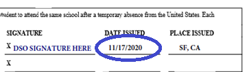 Screenshot of the travel signature date on an I-20