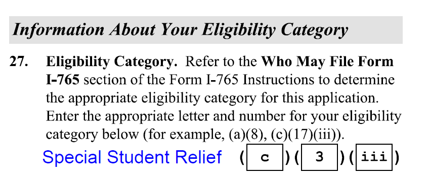 Screenshot of I-765 form for SSR request