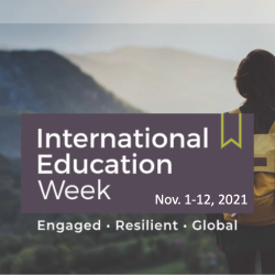 Girl looking off in the distance with the text reading International Education Week