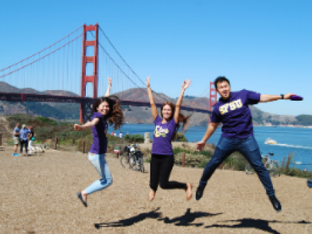 SF State students in front of Golden Gate Bridge